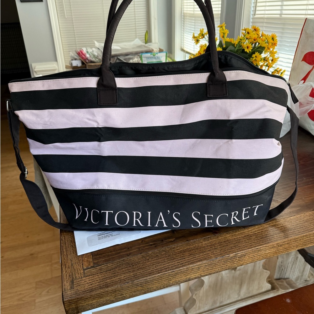 Victoria's Secret Black and Pink Tote Bag with Stripes